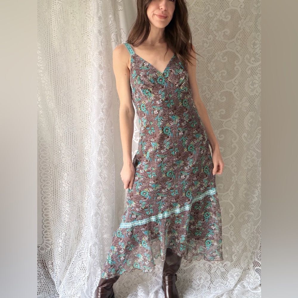 Y2K Ecote Brown Floral Midi Dress Lace Strap Boho